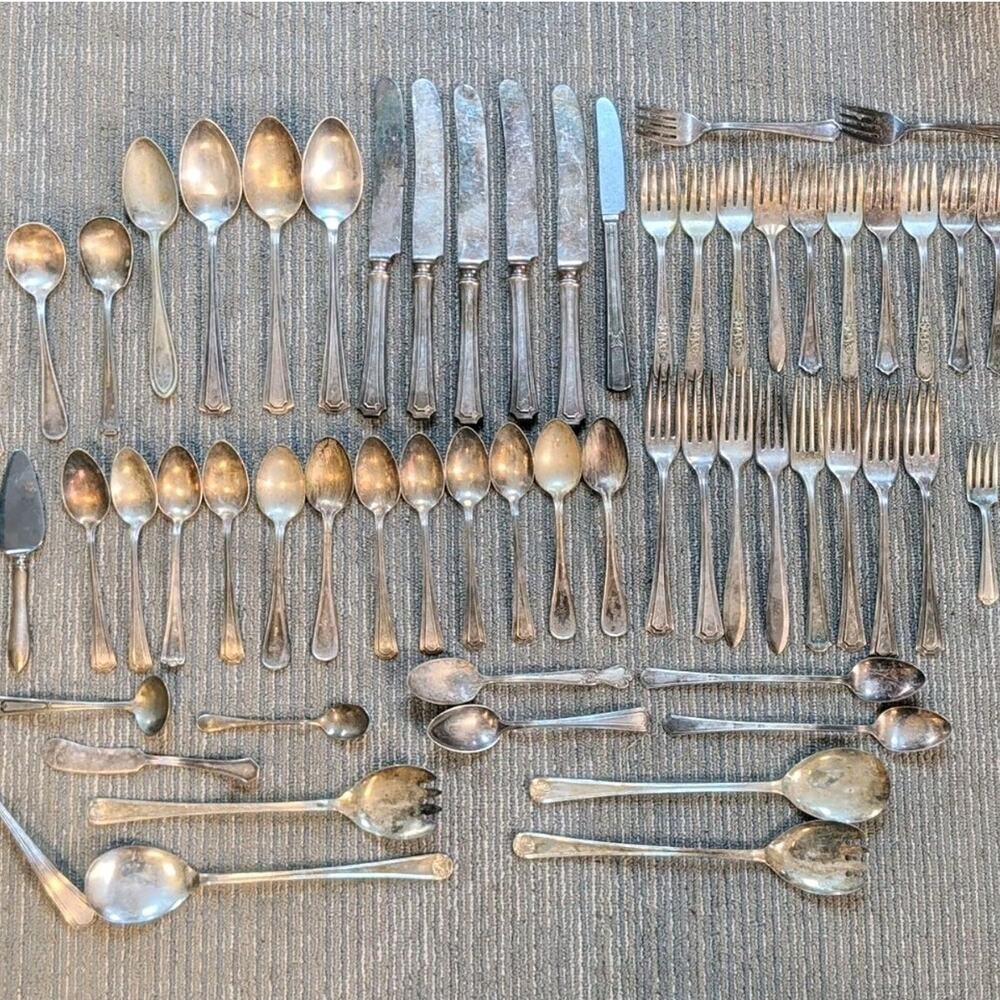 Lot of 62 Vtg Antique Silverplate Mixed Flatware Spoons/Forks/Knives/Serving